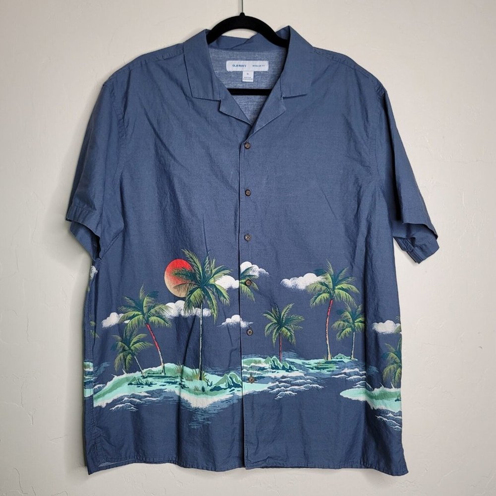 Old Navy Blue Tropical Palm Button-Down Shirt